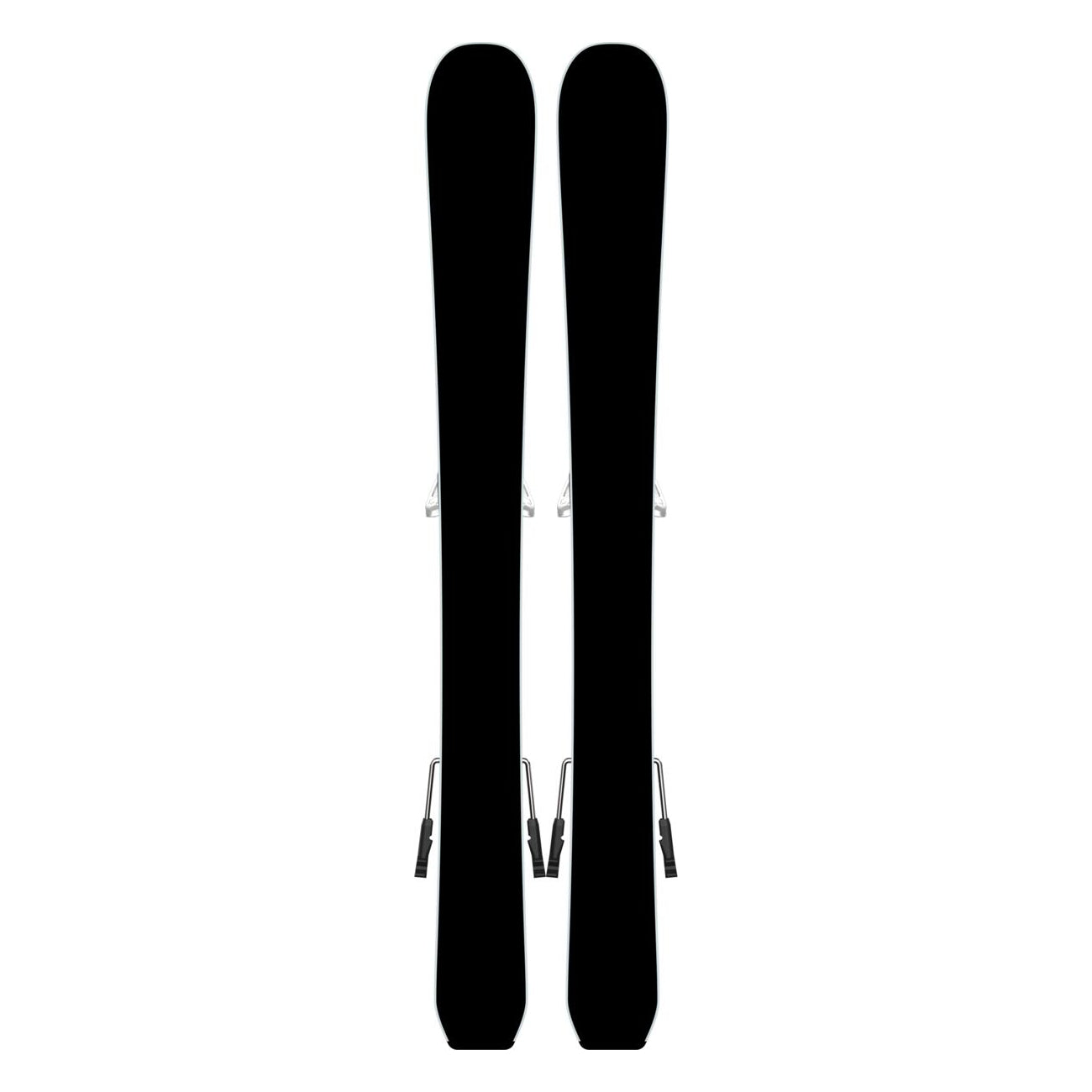 Atomic Junior's Maverick System Skis 70-90 with C5 Bindings - A pair of skis with a sleek black base and silver bindings, set against a clean white background.