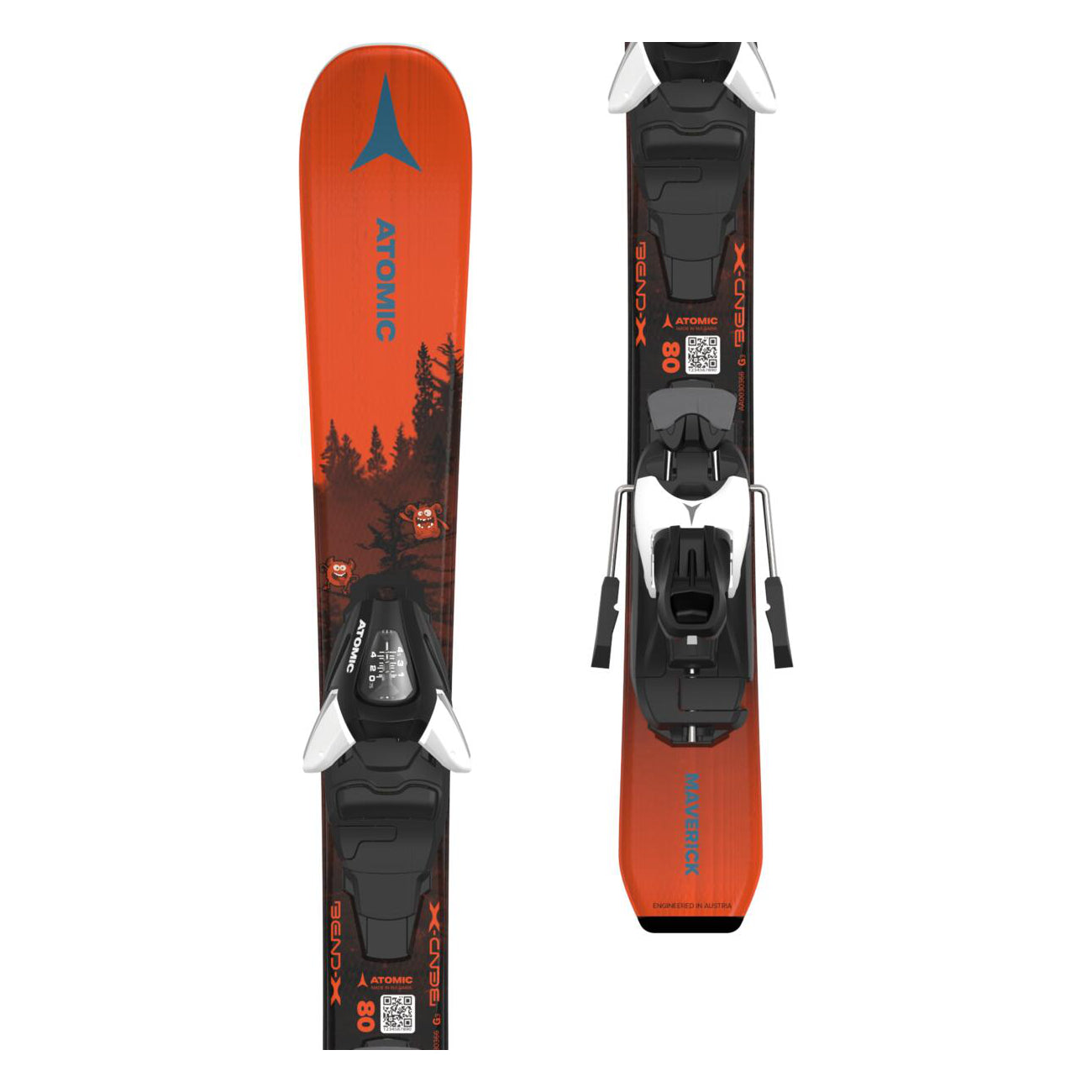 Atomic Junior's Maverick System Skis 70-90 with C5 Bindings - A pair of skis with a black base and blue lettering, featuring the word "MAVERICK" on the tail.