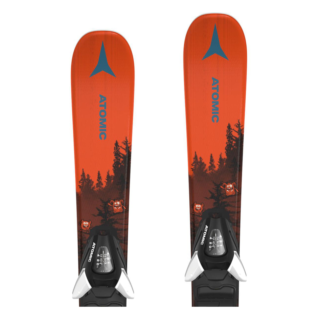 Atomic Junior's Maverick System Skis 70-90 with C5 Bindings - A pair of skis with a red top and black bottom, featuring a blue logo at the top.