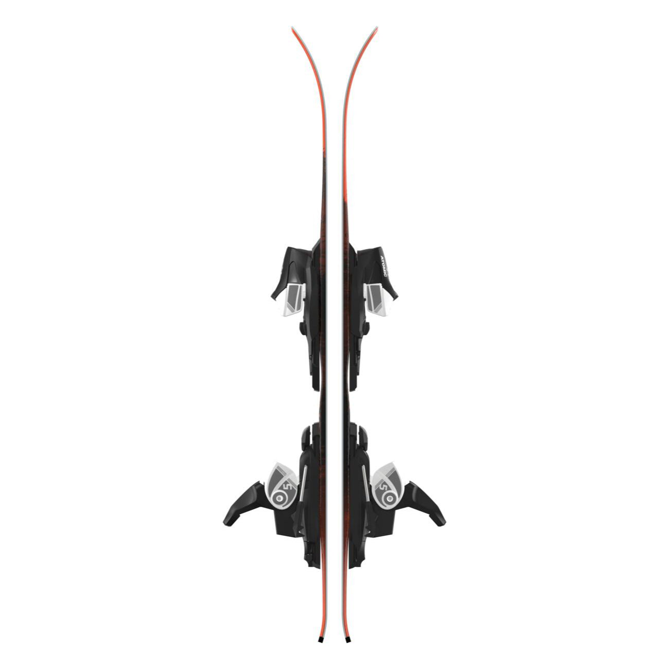Atomic Junior's Maverick System Skis 70-90 with C5 Bindings - A pair of skis with a dark brown base and red accents, featuring black bindings.