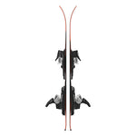 Atomic Junior's Maverick System Skis 70-90 with C5 Bindings - A pair of skis with a dark brown base and red accents, featuring black bindings.