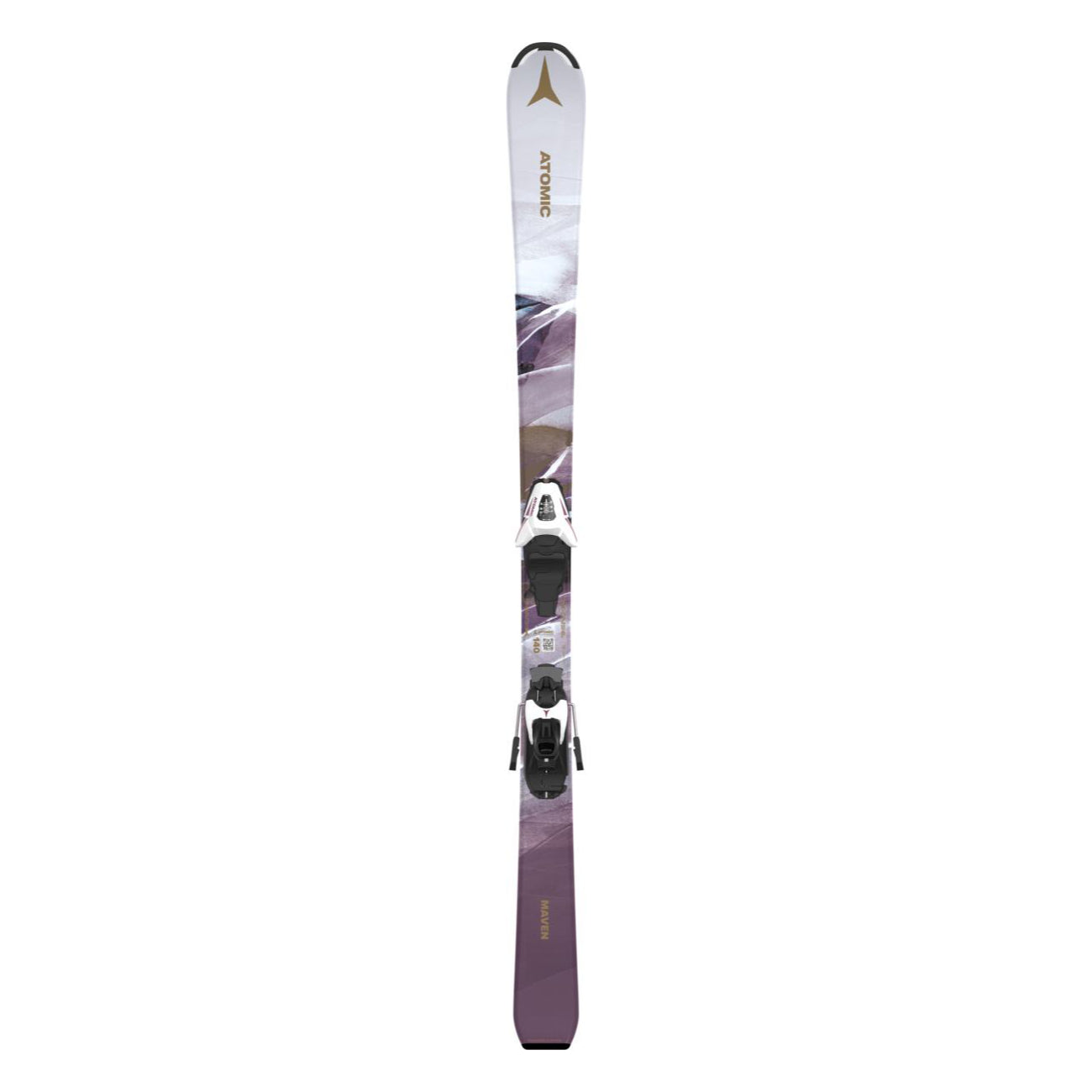 Atomic Junior's System Skis 130-150 with C5 Bindings - A pair of skis with a white base and purple accents, featuring a distinctive "C5" binding system.