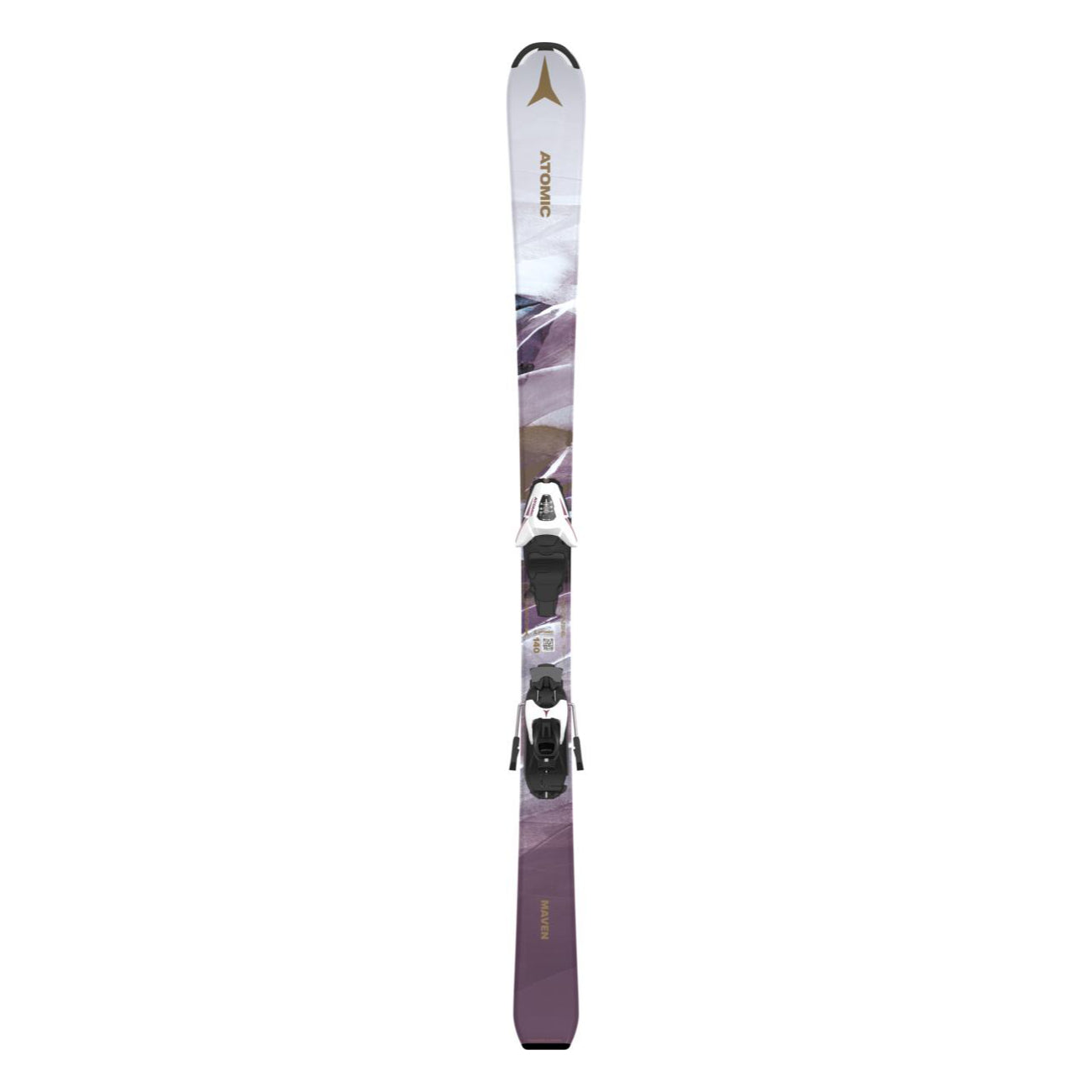 Atomic Junior's System Skis 130-150 with C5 Bindings - A pair of skis with a white base and purple accents, featuring a distinctive "C5" binding system.