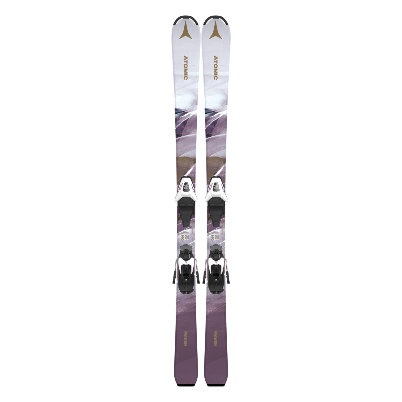 Atomic Junior's System Skis 130-150 with C5 Bindings - A pair of skis featuring a white base with purple and brown abstract designs, black bindings, and a gold logo at the top.