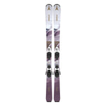 Atomic Junior's System Skis 130-150 with C5 Bindings - A pair of skis featuring a white base with purple and brown abstract designs, black bindings, and a gold logo at the top.