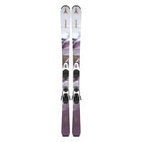 Atomic Junior's System Skis 130-150 with C5 Bindings - A pair of skis featuring a white base with purple and brown abstract designs, black bindings, and a gold logo at the top.