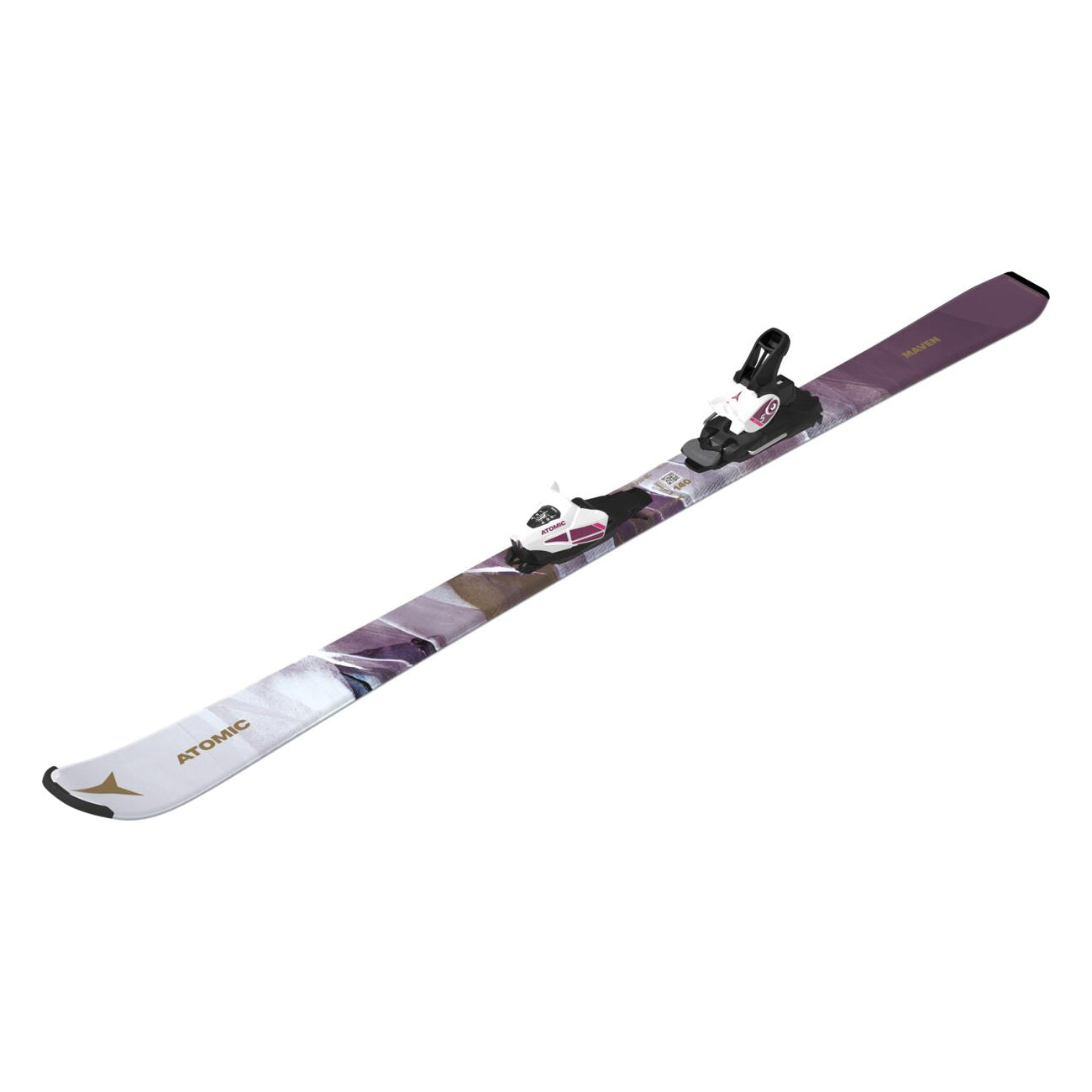Atomic Junior's System Skis 130-150 with C5 Bindings - A pair of skis featuring a white base with purple and brown accents, set against a plain background.