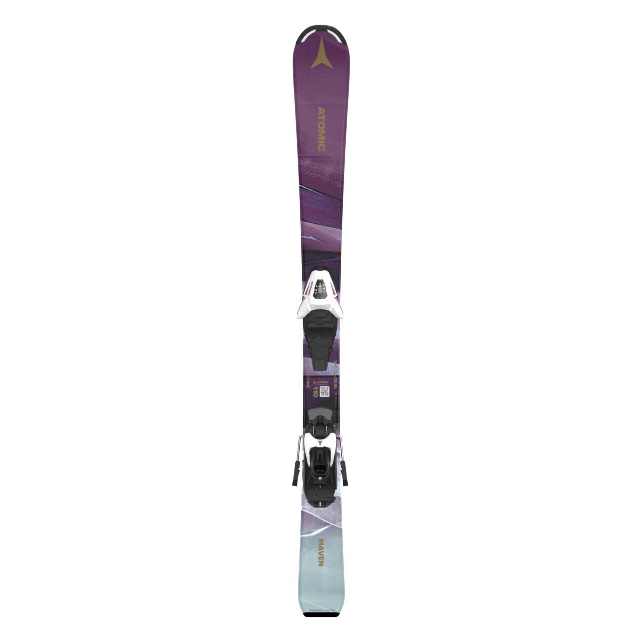 Atomic Junior's System Skis 100-120 with C5 Bindings - A purple and black ski with a gold logo at the top, featuring a white binding in the middle.