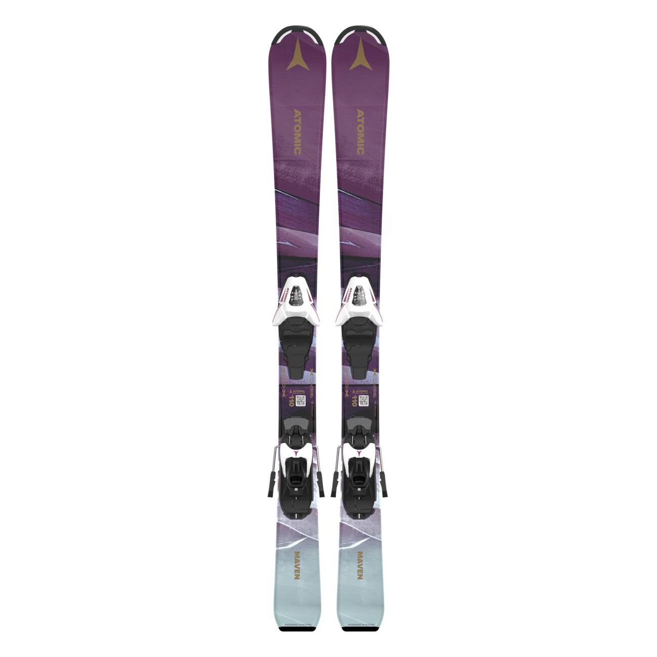 Atomic Junior's System Skis 100-120 with C5 Bindings - Purple skis with a gold logo and black bindings.