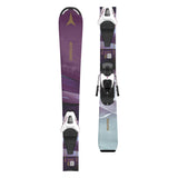 Atomic Junior's System Skis 100-120 with C5 Bindings - A pair of purple skis with a gold logo and black bindings.