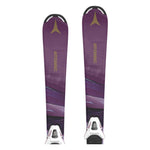 Atomic Junior's System Skis 100-120 with C5 Bindings - A pair of purple skis with a gold logo at the top, featuring a diagonal pattern and black bindings.