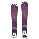 Atomic Junior's System Skis 100-120 with C5 Bindings - A pair of purple skis with a gold logo at the top, featuring a diagonal pattern and black bindings.