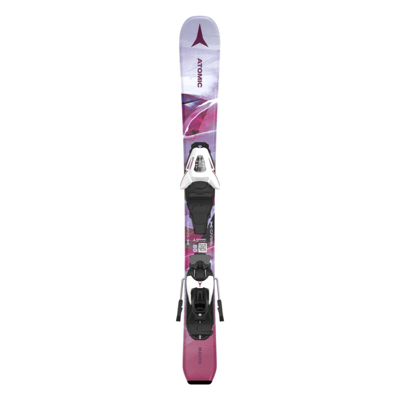 Atomic Junior's Maven System Skis 70-90 with C5 Bindings - White skis with a purple and pink design, featuring a black binding system.