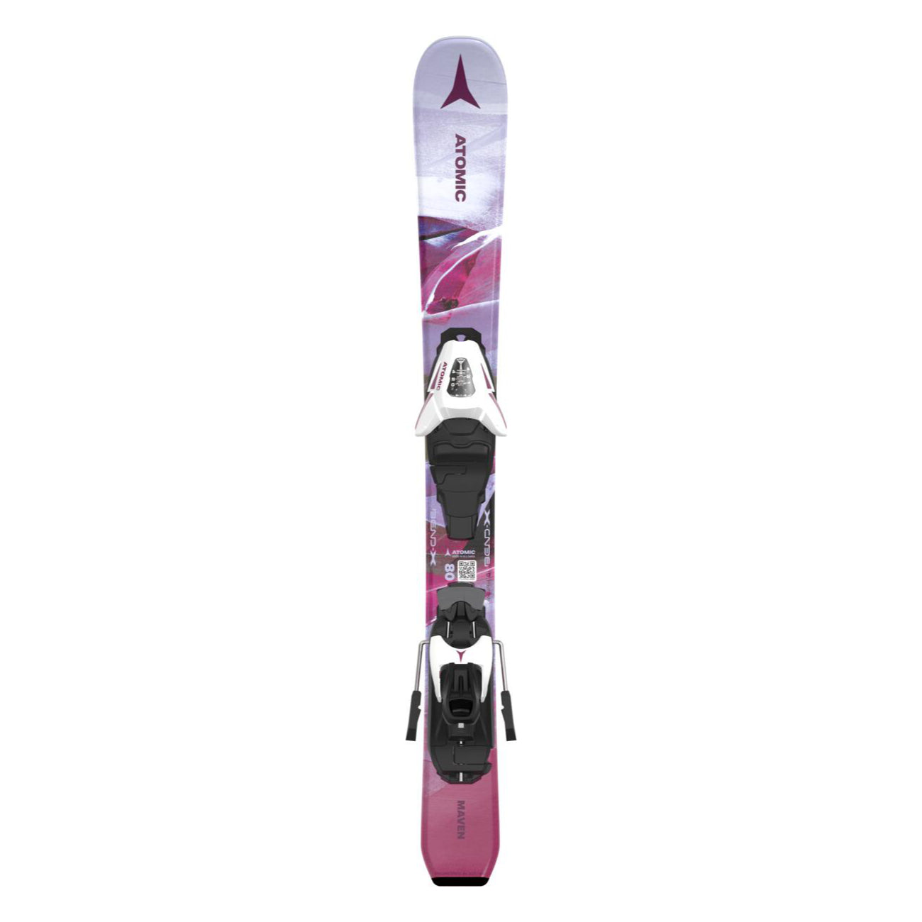 Atomic Junior's Maven System Skis 70-90 with C5 Bindings - White skis with a purple and pink design, featuring a black binding system.