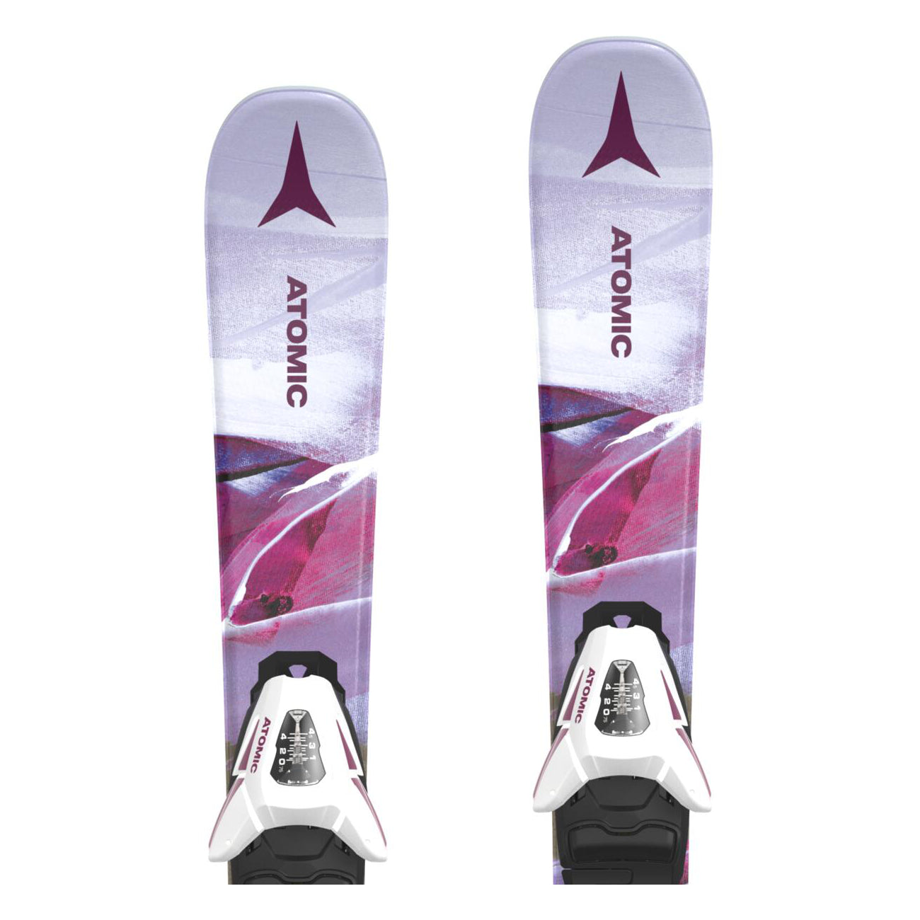 Atomic Junior's Maven System Skis 70-90 with C5 Bindings - White skis with a purple and blue graphic design, featuring a mountain range and trees.