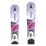 Atomic Junior's Maven System Skis 70-90 with C5 Bindings - White skis with a purple and blue graphic design, featuring a mountain range and trees.