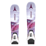 Atomic Junior's Maven System Skis 70-90 with C5 Bindings - White skis with a purple and blue graphic design, featuring a mountain range and trees.