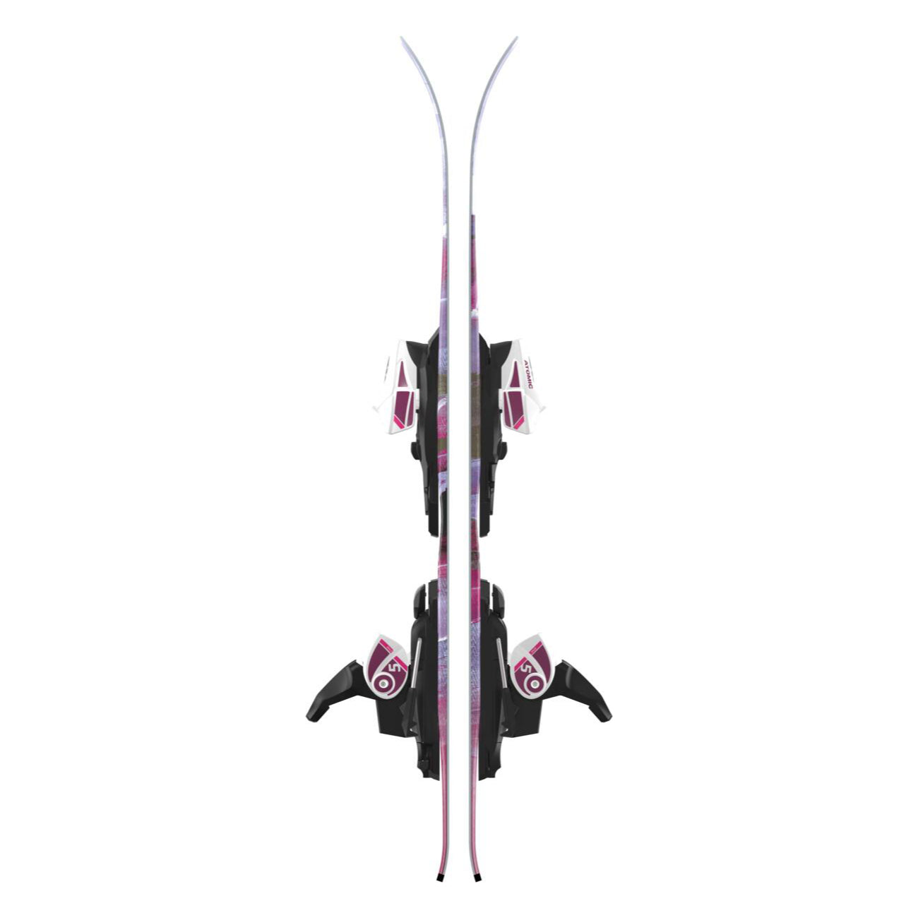 Atomic Junior's Maven System Skis 70-90 with C5 Bindings - A pair of skis with a purple and white patterned design, featuring black bindings with red accents.
