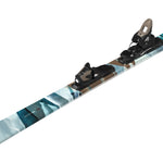 Atomic Women's Maven 84 with M10 GW Bindings - A white and blue ski with a geometric pattern, featuring black bindings.