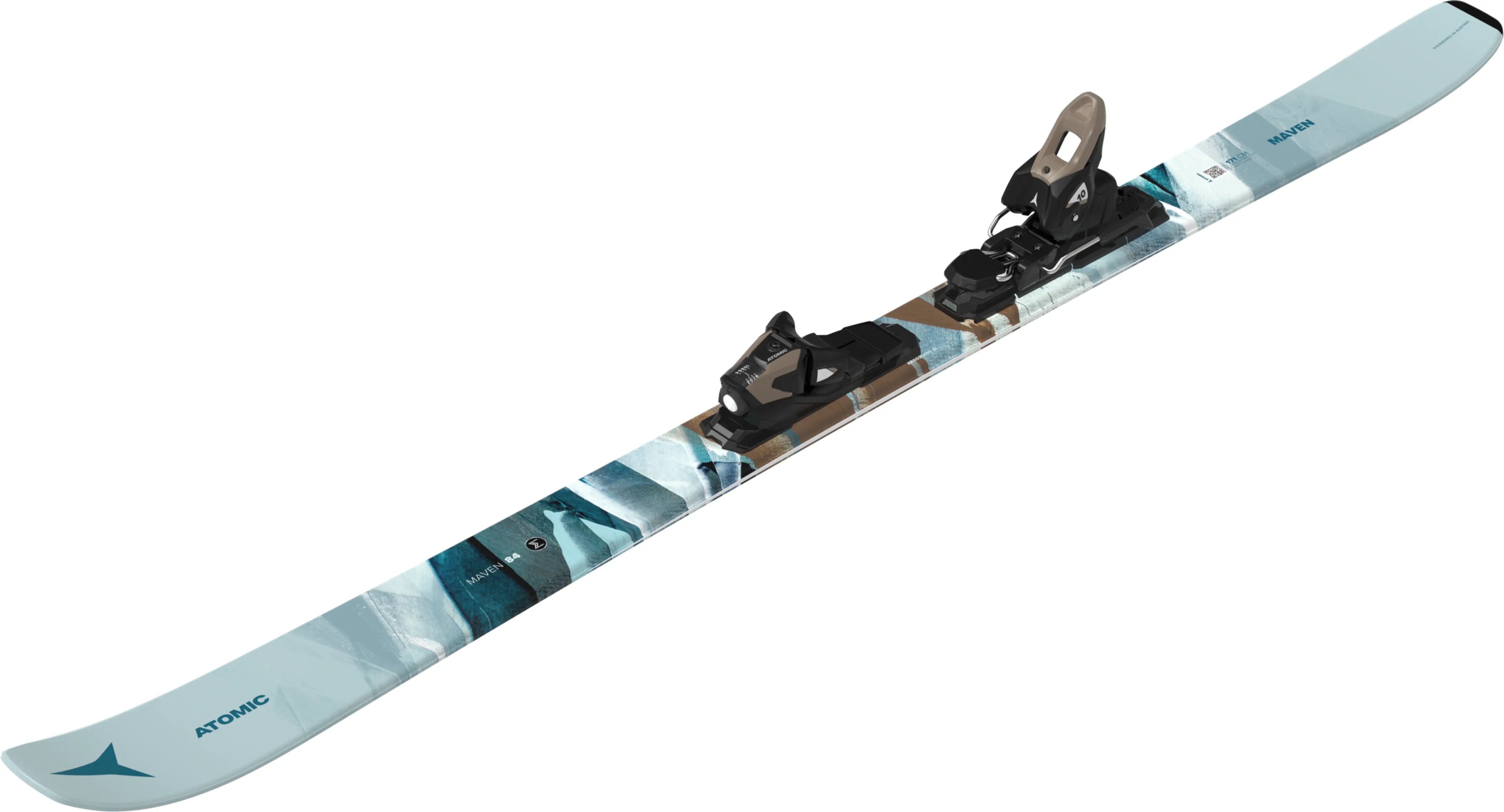 Atomic Women's Maven 84 with M10 GW Bindings - A white and blue ski with a geometric pattern, featuring black bindings.