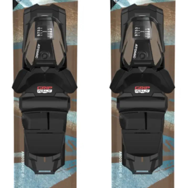 Atomic Women's Maven 84 with M10 GW Bindings - A pair of skis with a light blue and white color scheme, featuring a geometric pattern on the top sheet.