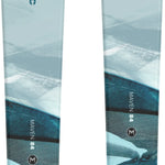 Atomic Women's Maven 84 with M10 GW Bindings - A light blue snowboard with a dark blue logo and white lettering, featuring a mountain range design on its bottom.