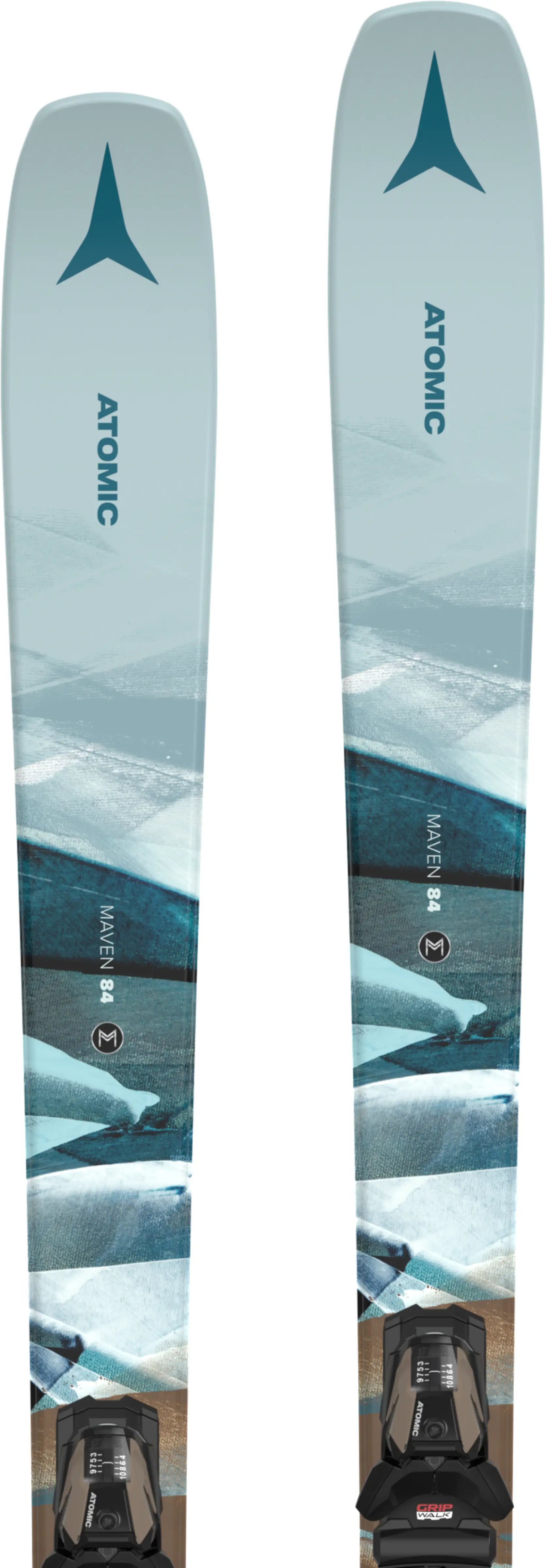 Atomic Women's Maven 84 with M10 GW Bindings - A light blue snowboard with a dark blue logo and white lettering, featuring a mountain range design on its bottom.