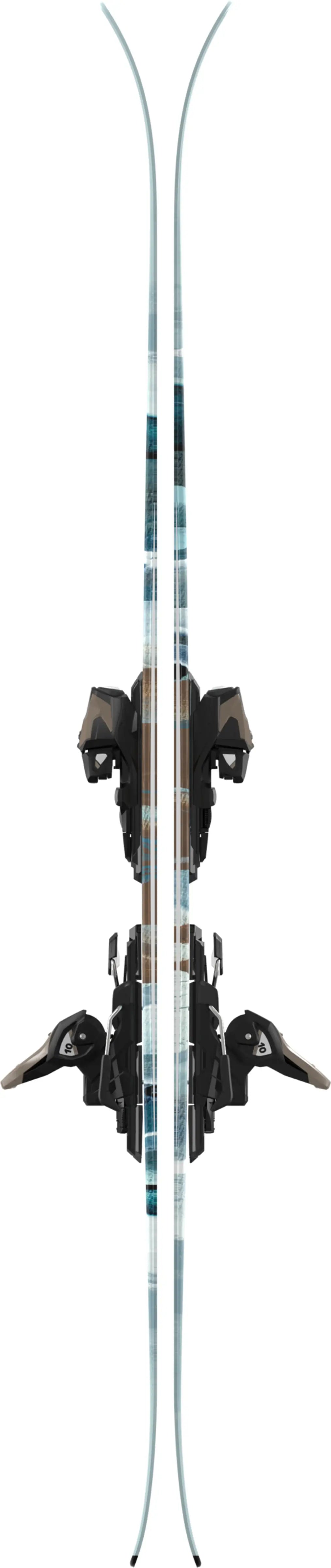 Atomic Women's Maven 84 with M10 GW Bindings - A pair of skis with a white base and blue accents, featuring a distinctive pattern on the top sheet.