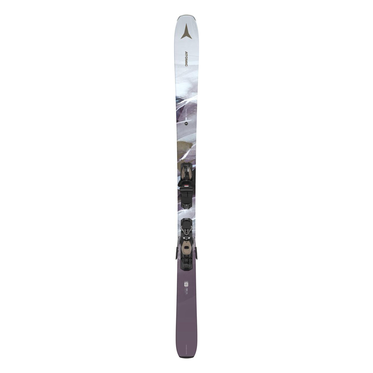 Atomic Women's Maven 86 System Skis with M10 Bindings - White skis with black bindings and a gold logo on top.