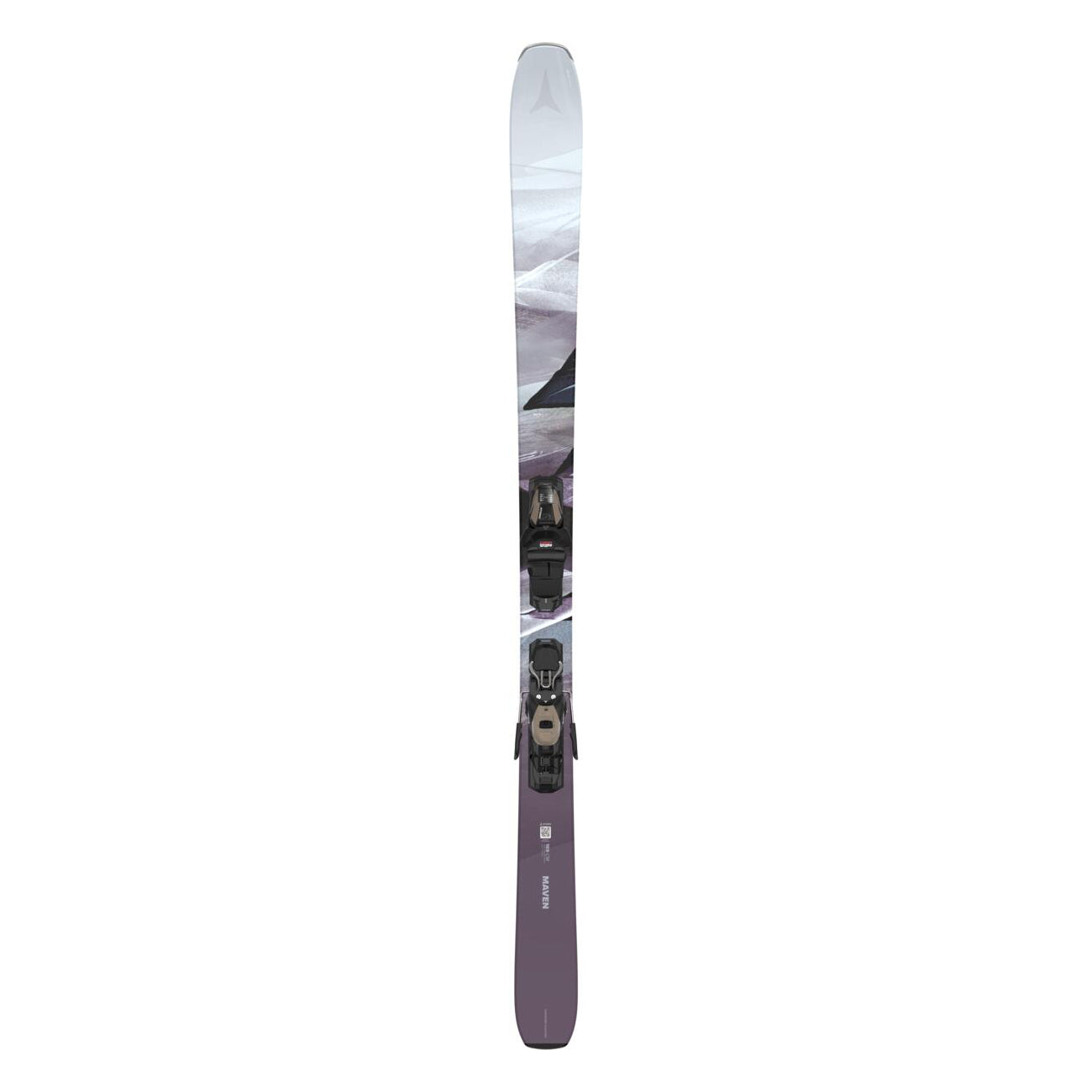 Atomic Women's Maven 86 System Skis with M10 Bindings - White skis with black bindings and a gray pattern on top.