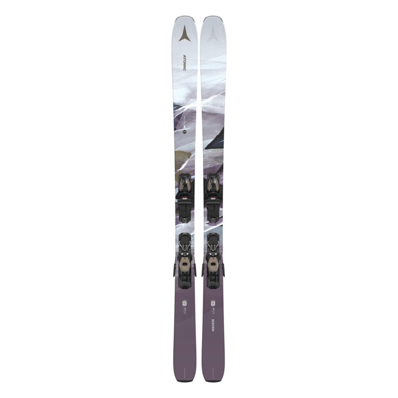 Atomic Women's Maven 86 System Skis with M10 Bindings - White skis with black bindings and a gold logo on top.