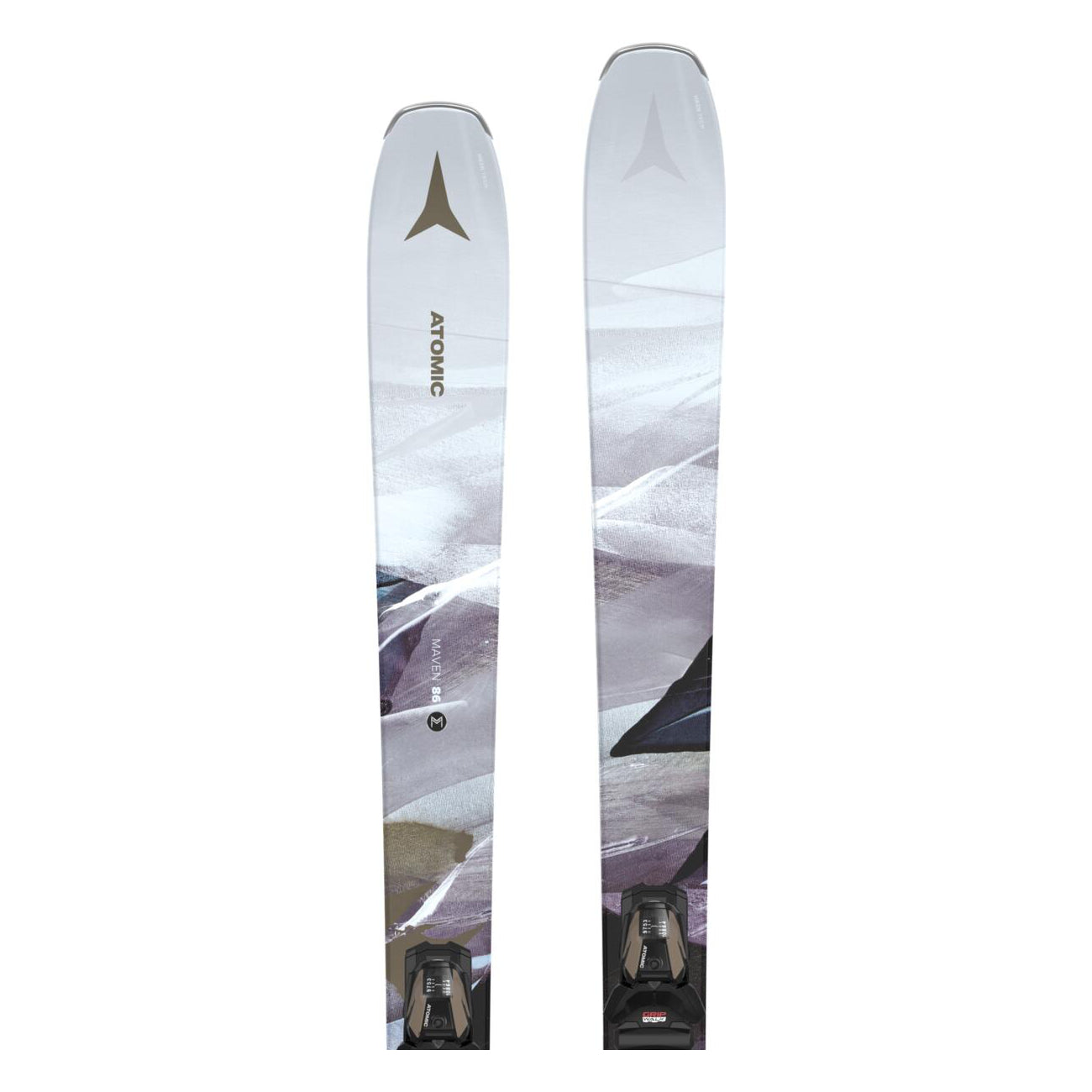 Atomic Women's Maven 86 System Skis with M10 Bindings - White skis with a black and gray abstract design, featuring a mountainous landscape.