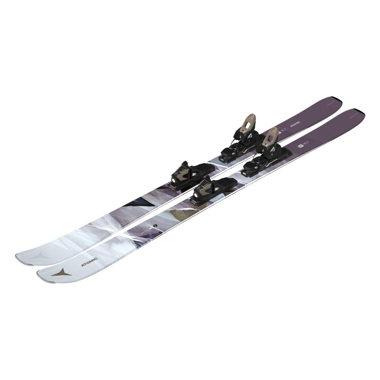 Atomic Women's Maven 86 System Skis with M10 Bindings - A pair of skis with a white base and purple accents, featuring black bindings.