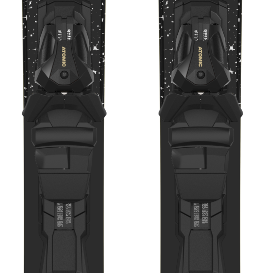 Pair of Atomic silver and black skis with MI 12 bindings, front side view