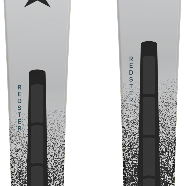 Pair of Atomic silver skis with black bindings and speckled midsections