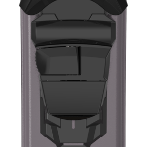 Women’s skis with bindings, side profile, dark gray with small emblem