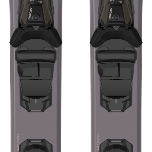Women’s ski pair with bindings, two skis side by side, dark gray