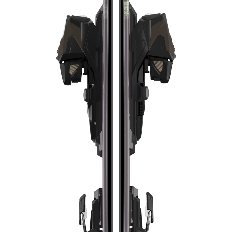 Women’s skis with M10 GW bindings, front view, dark gray metal edges