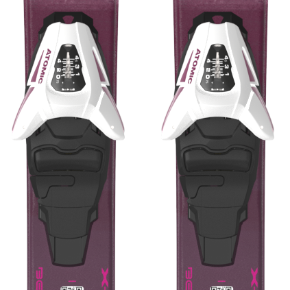 Pair of junior Atomic Maven skis in red plum with C5 bindings, front view