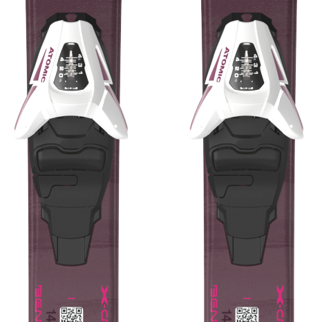 Pair of Atomic junior skis with purple topsheet and white logo, mounted with C5 bindings
