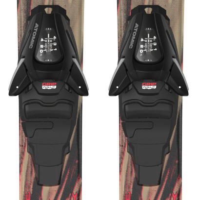 Pair of Atomic junior Maverick skis with C5 bindings, red bases and tan tops