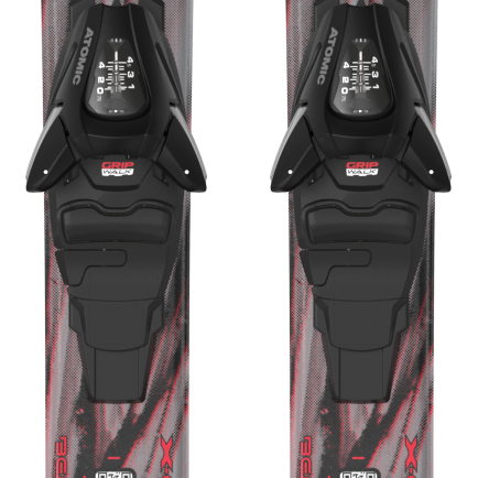 Pair of junior skis with C5 bindings, grey tops with red bottoms and black bindings
