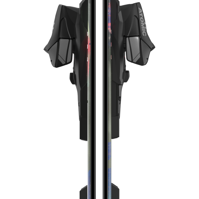 Atomic junior bent skis with C5 bindings, top-to-tip view