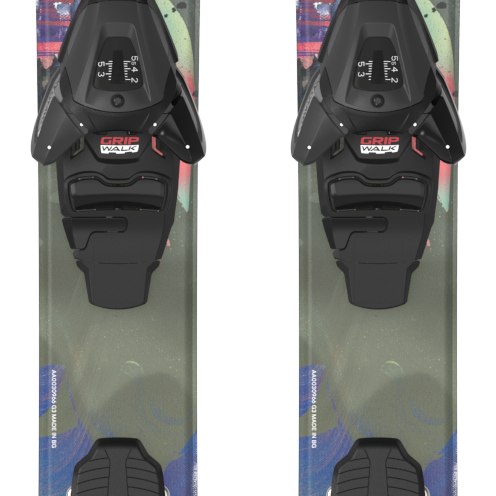 Pair of junior bent skis with matching colorful graphic tops and L6 GW bindings