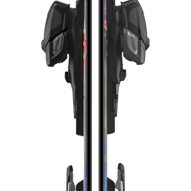 Junior bent skis, full-length view with black bindings and colorful details by Atomic