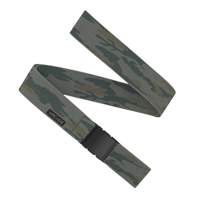 A belt with a camouflage pattern in shades of green, gray, and brown, featuring a black plastic buckle with the brand name "Arcade" on the strap.