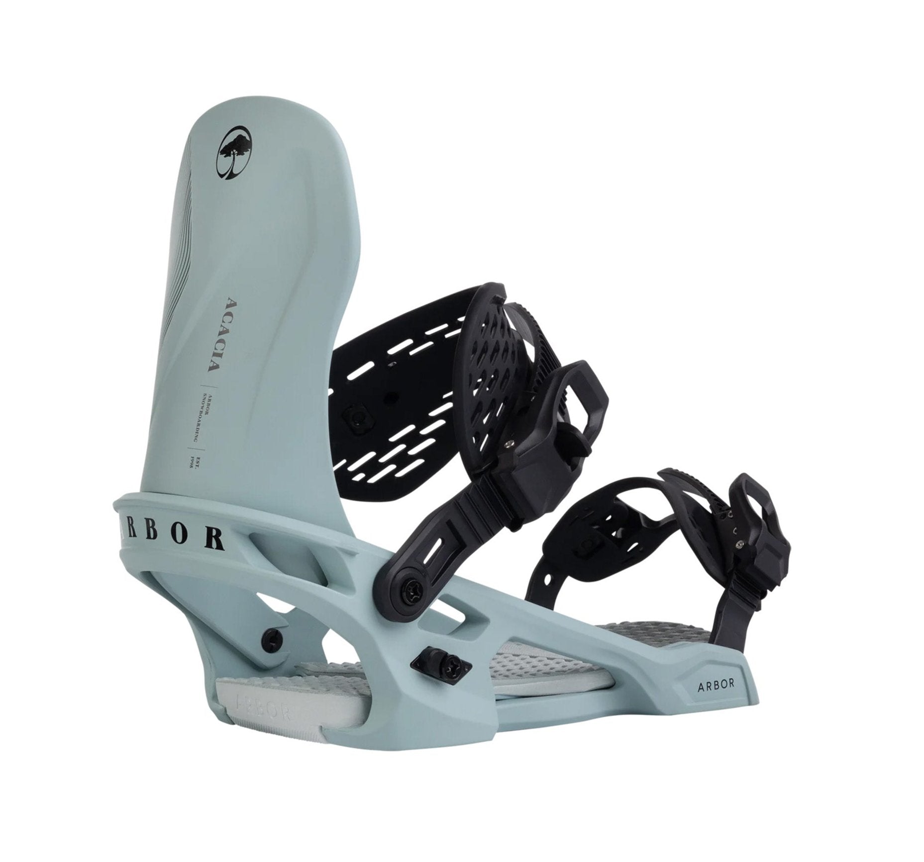 Arbor Women's Acacia Snowboard Binding - A light blue snowboard binding with a black strap and buckle, featuring a tree logo on top.