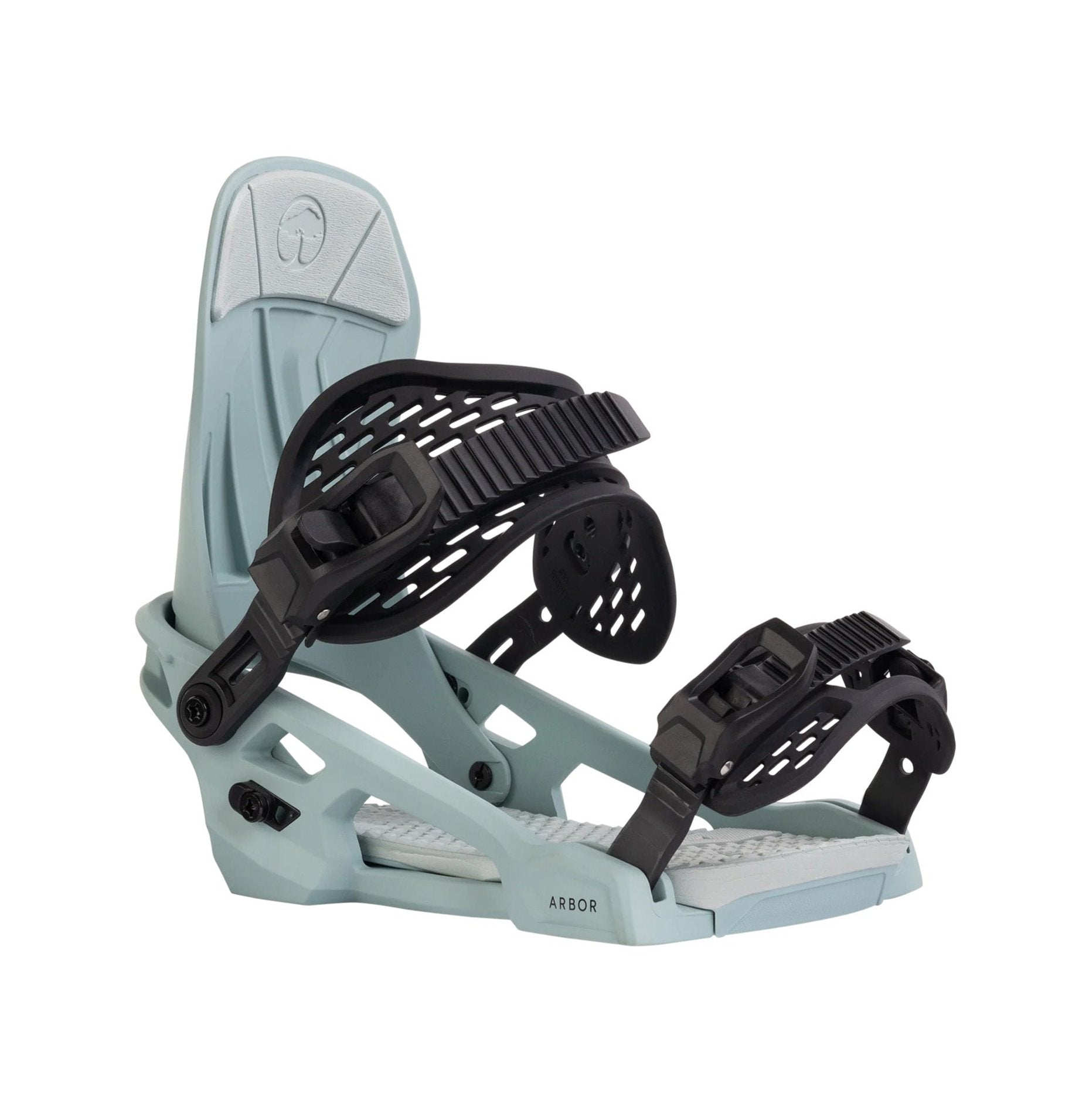 Arbor Women's Acacia Snowboard Binding - A light blue snowboard binding with a white logo on top and black buckles.