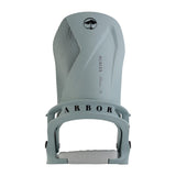 Arbor Women's Acacia Snowboard Binding 2025 - A light blue snowboard binding with a black logo featuring an arched tree at the top of the board, and a wavy line pattern on the left side.