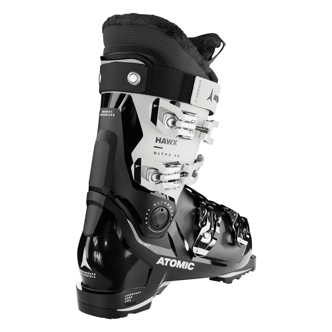 Atomic Women's Hawx Ultra 85 Ski Boot 2025 - A black and white ski boot with a distinctive silver buckle on the side, featuring a sleek design.